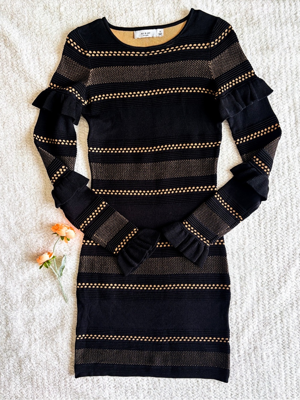 Ali & Jay Black Tan Sweater Mini Dress Ruffle Sleeve Open Knit Bodycon S
